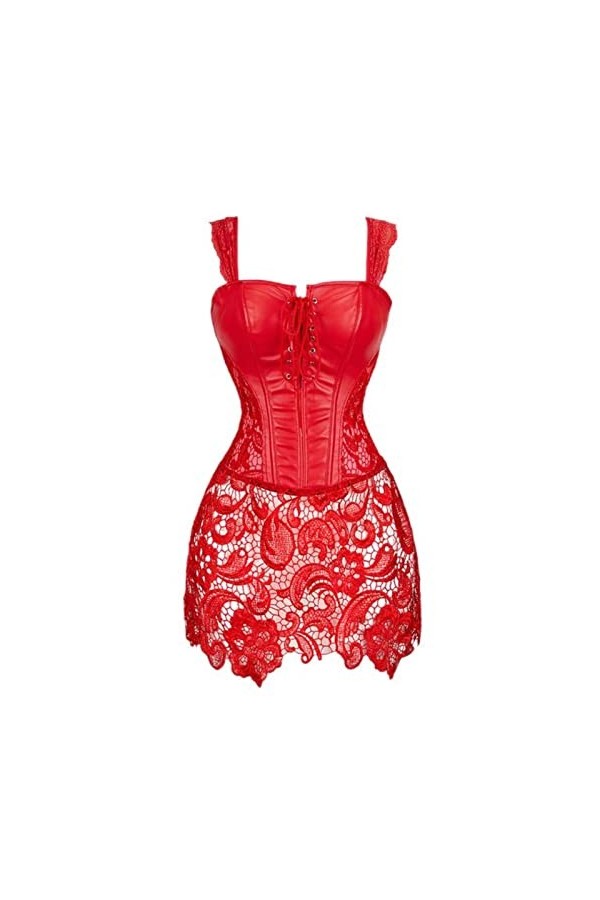 MENGQING Robe corset bustier gothique à lacets sur le devant en simili cuir noir et rouge pour femme - Grande taille - Ensemb