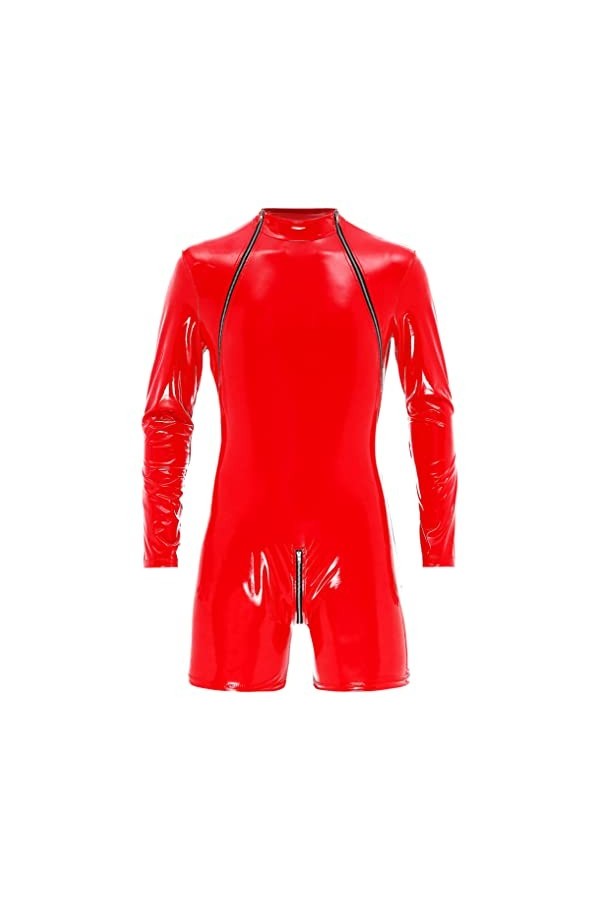 LiiYii Hommes Wetlook Body Combinaison Manches Longues en Cuir Verni Cosplay Latex Catsuit Rouge L