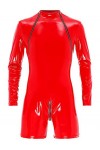 LiiYii Hommes Wetlook Body Combinaison Manches Longues en Cuir Verni Cosplay Latex Catsuit Rouge L