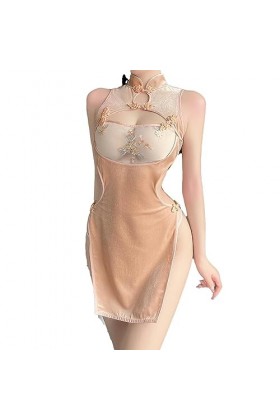 Chinese Style Cheongsam Lingerie Nightgowns Temptation Embroidery Hollow Perspective Mini Qi Pao Sleepwear High Split Dress