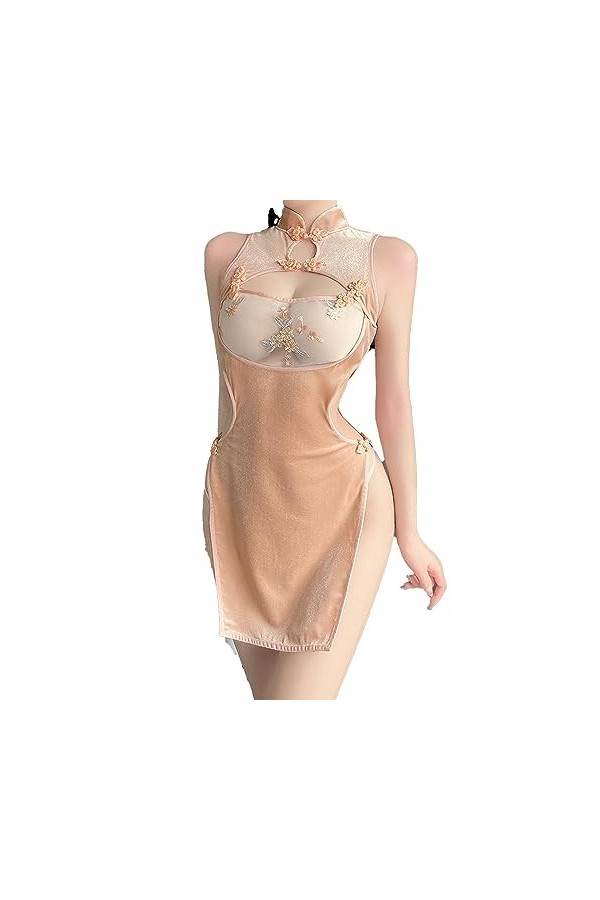 Chinese Style Cheongsam Lingerie Nightgowns Temptation Embroidery Hollow Perspective Mini Qi Pao Sleepwear High Split Dress