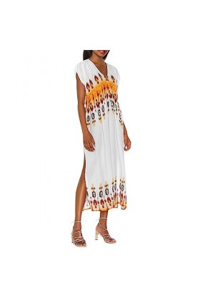 UOWEG 2023 été européen et américain Nouveau positionnement Impression col en V Robe Fendue Sexy Robe De Mère Noël Beige, S 