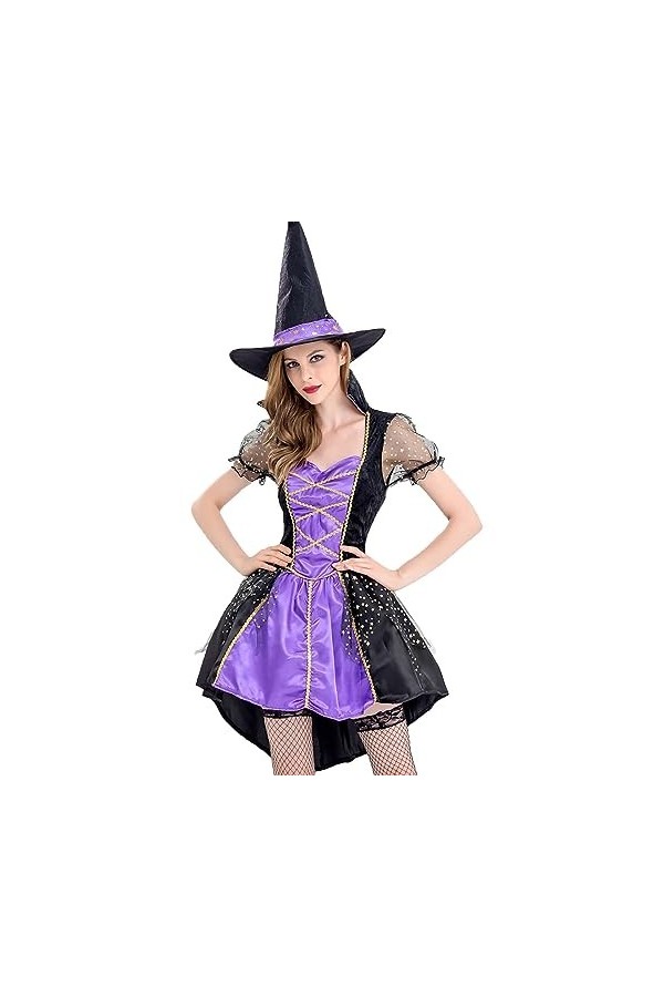 CreoQIJI Vêtements sexy pour femme - Costume dHalloween - Costume de jeu de rôle gothique médiéval - Deux pièces - Robe à po