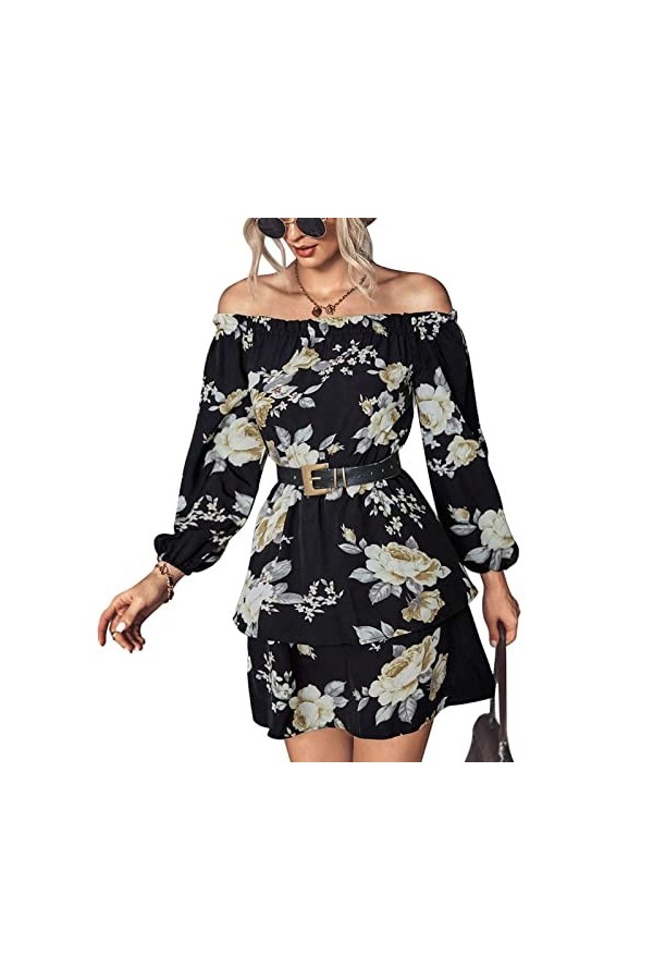 Robe à Manches Bouffantes Motif Floral Confortable pour Les Femmes Robe de Mode Charmante Respiration pour Le Club Le Jour de