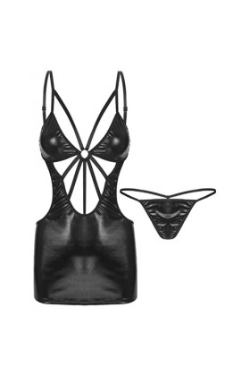 SHANHE Femmes Noir Évider Bretelles Bretelles Réglables sans Manches Dos Nu Robes Moulantes G-String Ensemble Sexy Robe en Cu