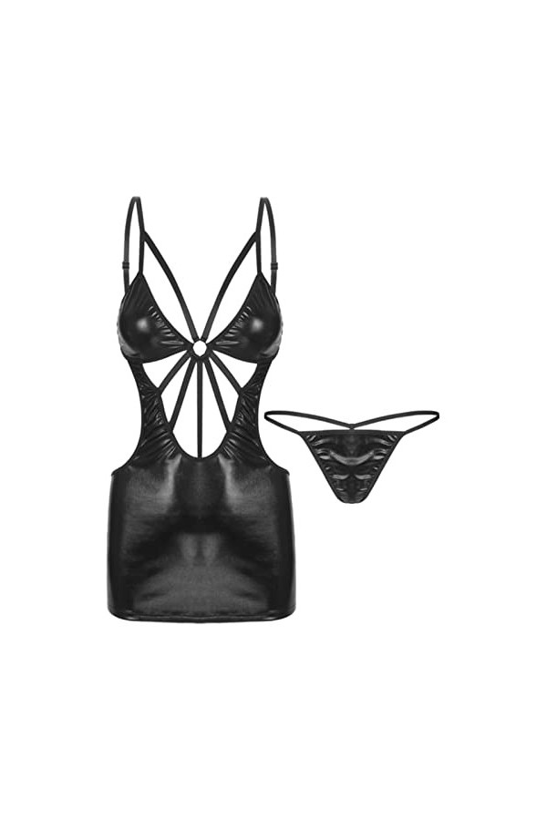 SHANHE Femmes Noir Évider Bretelles Bretelles Réglables sans Manches Dos Nu Robes Moulantes G-String Ensemble Sexy Robe en Cu