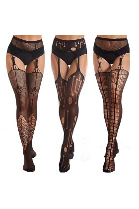Yilanmy Lot de 3 paires de collants noirs pour femme Motif sexy Taille haute, 4 collants porte-jarretelles araignée + trou + 