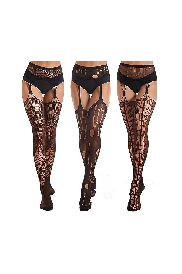 Yilanmy Lot de 3 paires de collants noirs pour femme Motif sexy Taille haute, 4 collants porte-jarretelles araignée + trou + 