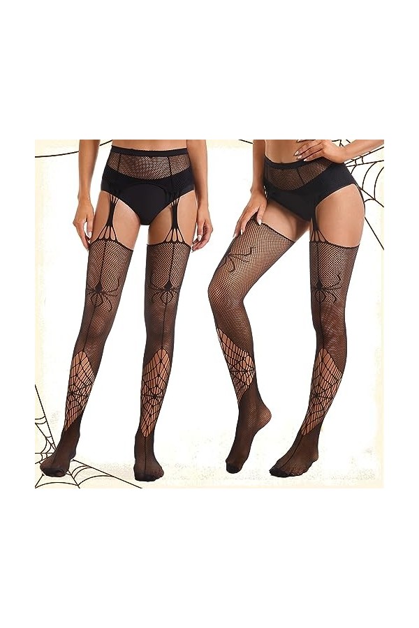 Yilanmy Lot de 3 paires de collants noirs pour femme Motif sexy Taille haute, 4 collants porte-jarretelles araignée + trou + 