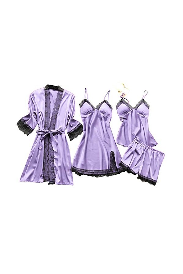 Pyjama en satin 4 pièces pour femme - Lingerie sexy - Bretelles - Col en V - Vêtement de nuit - Robe de nuit - Vêtements de n