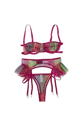 Coloré Imprimé Étoile Lune Broderie String&nbsp;&nbsp;&nbsp;sous-Vêtements Ensemble 3PCS Soutien-Gorge G-String Jarretière Costume Femmes À 