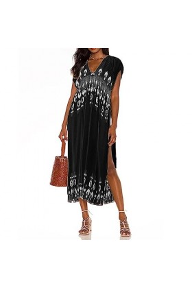 UOWEG 2023 été européen et américain Nouveau positionnement Impression col en V Robe Fendue Sexy Robe De Mère Noël Black, M 