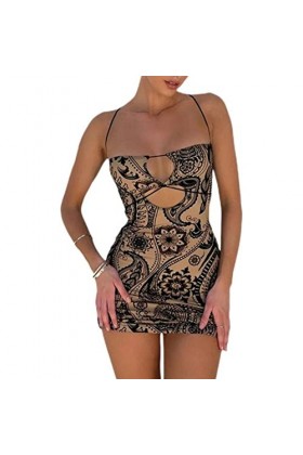 Femmes Sexy Découpe Moulante Mini Robe Low Cut Halter Neck sans Manches Dos Nu Robes De Soirée Vintage Graphic Print Streetwe