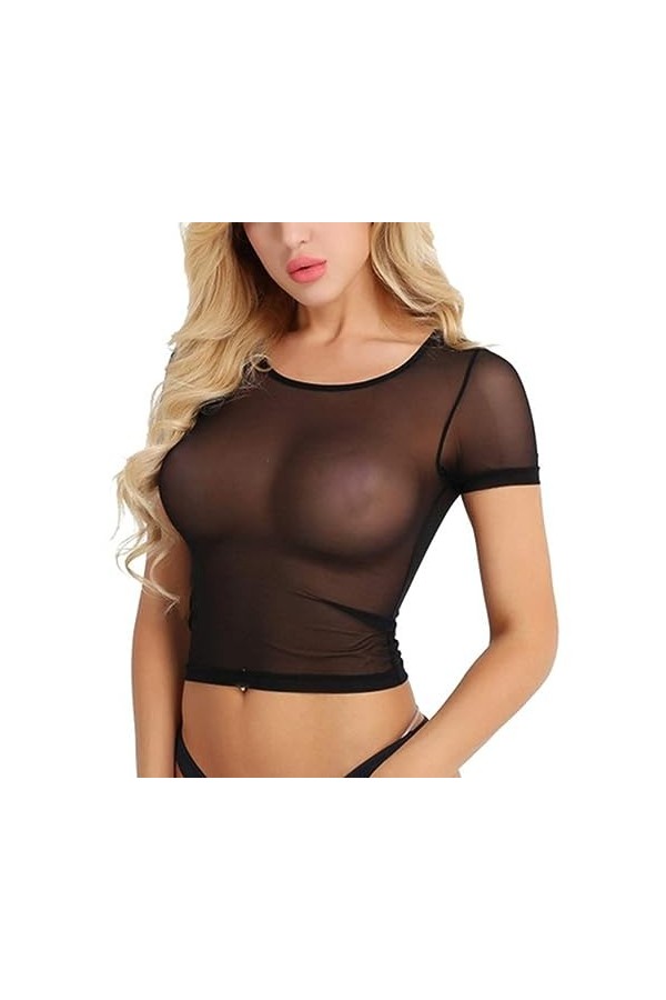 ZTIANEF Couple De Lingerie Tulle Sheer Blouses Sexy Mesh Col Rond Tops T-Shirt Moulant en Maille Stretch À Manches Courtes,Bl