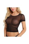 ZTIANEF Couple De Lingerie Tulle Sheer Blouses Sexy Mesh Col Rond Tops T-Shirt Moulant en Maille Stretch À Manches Courtes,Bl