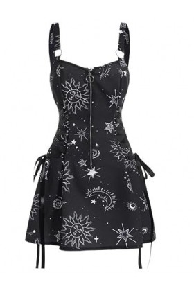 Corsets A Line Mini Dress E Girl Start and Moon Print Women High Street Bandage Sexy Fairy Grunge Tank Dress-Black,XL