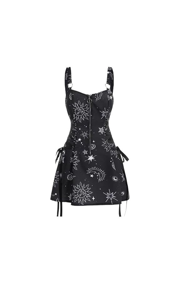 Corsets A Line Mini Dress E Girl Start and Moon Print Women High Street Bandage Sexy Fairy Grunge Tank Dress-Black,XL