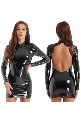 SHANHE Femmes Wet Look en Cuir Verni Col Montant Robes Moulantes Gothique Sexy À Manches Longues en Dentelle Dos Nu Parti Min