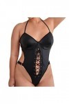 CHOUBAGUAI Body sexy pour femme - Dos nu - Épaules dénudées - Dentelle en PU - Noir - L