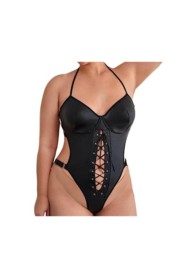 CHOUBAGUAI Body sexy pour femme - Dos nu - Épaules dénudées - Dentelle en PU - Noir - L