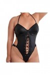 CHOUBAGUAI Body sexy pour femme - Dos nu - Épaules dénudées - Dentelle en PU - Noir - L