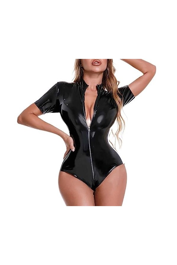 WSZJLN Femmes Latex Cuir Verni Justaucorps Wetlook Mock Neck Body Brillant À Manches Longues Fermeture Éclair Mince Catsuit P