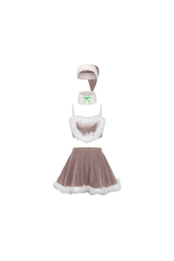 SMBHIAON Lingerie Sexy De Noël pour Femmes - Bretelles Réglables De Couleur Unie Chemise De Nuit À Bords en Peluche, Ensemble