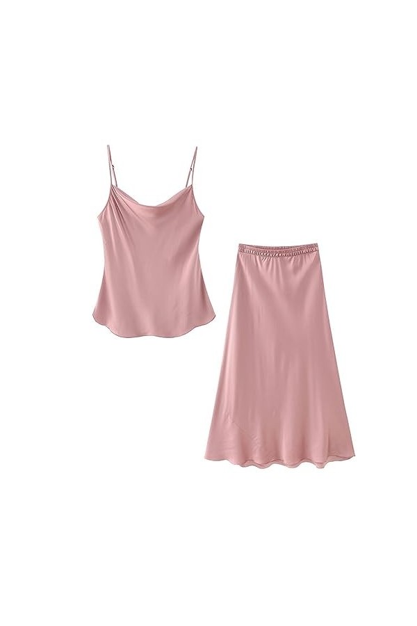 Jupe dété Ensemble Deux Pièces Lingerie en Satin de Soie Haut à Bretelles en Soie + Jupe Midi Trapèze en Satin Ensemble-Top-