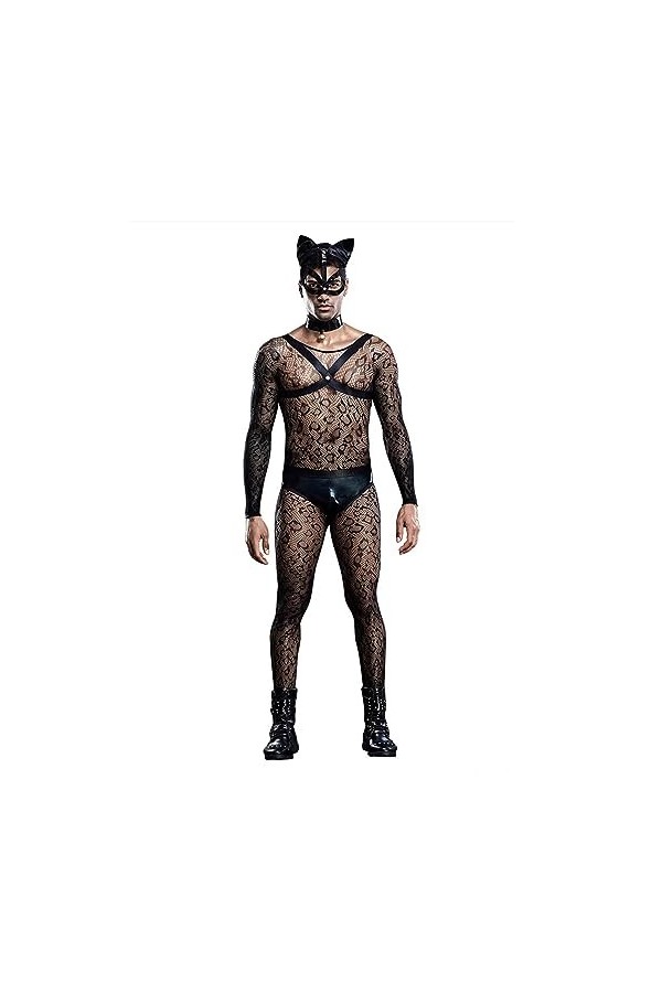 Sous-VêTements En Dentelle Pour Hommes, VêTements En Filet Une PièCe, Uniformes Sexy Cat Man,Costume De Cosplay DHalloween, 