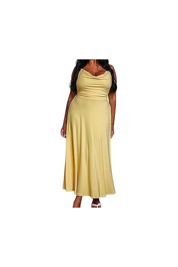 GuyAna Robe Maxi drapée avec Soutien-Gorge intégré, Robe Sexy dété de Couleur Unie à col Rond et à la Taille Yellow,S 
