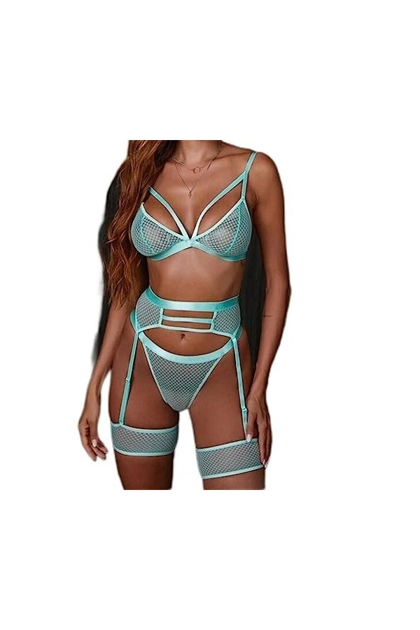 Plus Size Femmes Lingerie Sexy Ensemble Dentelle Perspective Soutien-Gorge Évider Jarretières String Ensemble Bleu s Sexy Ens