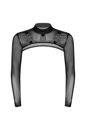 SHANHE Hot Male Mens Mock Neck Moto Sexy Party Tops Manches Longues O-Ring Décor T-Shirt Maille Demi Crop Top Clubwear-Noir,L