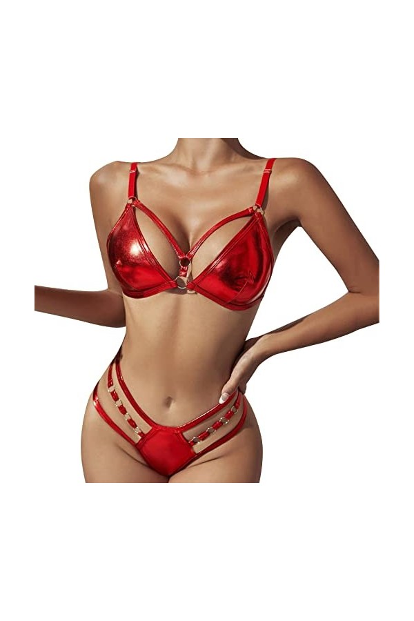 Zshosam Ensemble de lingerie érotique sexy pour femme - Licol sexy en dentelle - 2 pièces - Ensemble de lingerie en PU avec a