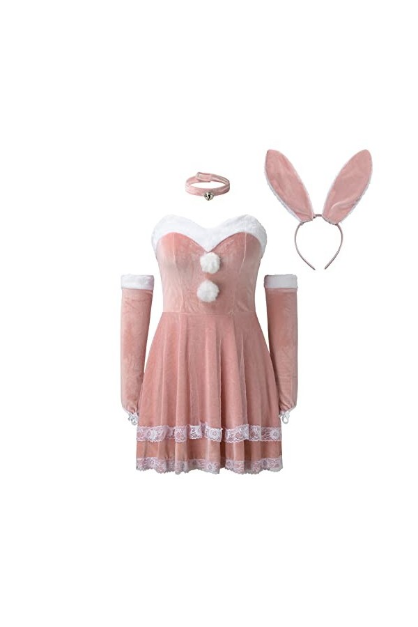 QWUVEDS Costume pour femme 5 pièces - 1 robe + 1 bandeau + 1 gant + 1 cravate + 1 nœud papillon - Costume sexy de Noël - Robe