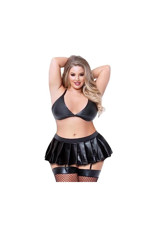 Hot Sexy Femmes Noir Lingerie Mode en Cuir Verni Soutien-Gorge Mini Jupe Split&nbsp;&nbsp;&nbsp;Jupe Party Clubwear pour Soirées S-XXL-Noir,