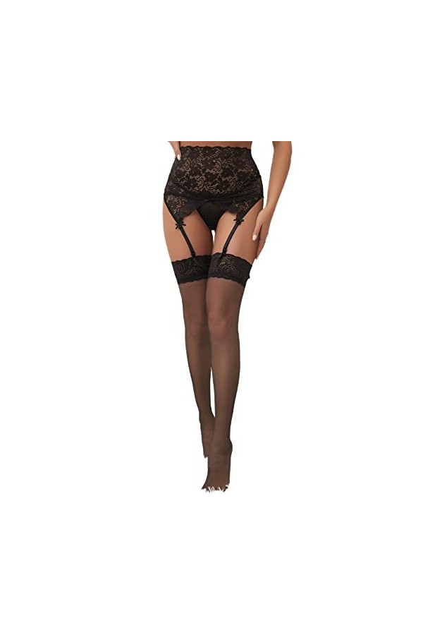 comeondear Femme Porte-Jarretelle Ensemble avec Bas avec 4 Pinces Réglable Taille Haute Guepiere Jarretelle Dentelle Lingerie
