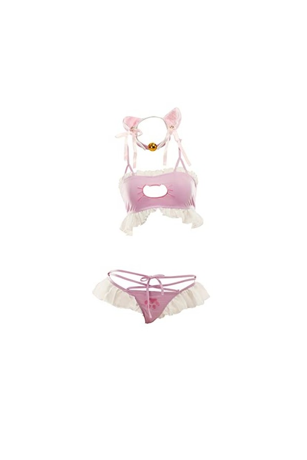 MEOWCOS Ensemble bikini à volants pour femme avec collier et coiffe S-M, noir et rose 