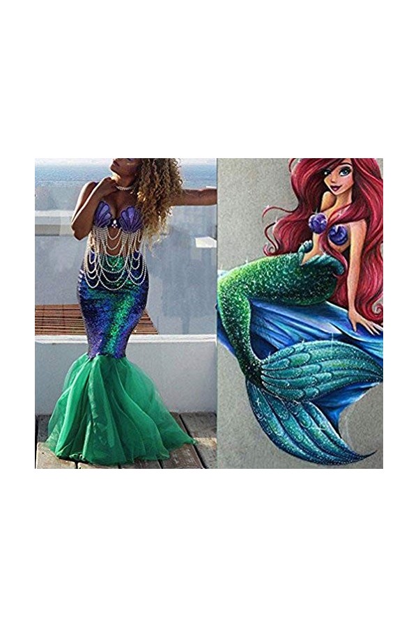 HARRI Femmes Sexy Sirène Halloween Costume Mascarade Soirée Paillettes Basque Robe Large, Vert 