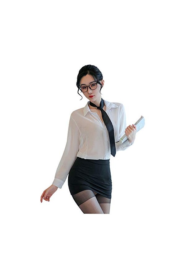 QJHDO Déguisements Adultes Professeur Sexy Femmes Ensemble De Lingerie Sexy Lingerie Sexy Secrétaire De Bureau Cosplay Unifor