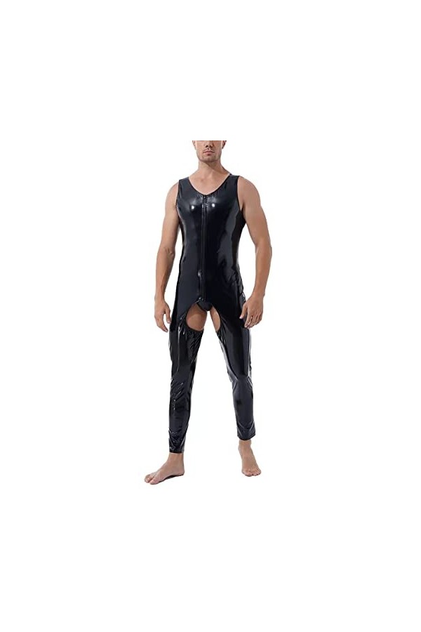 AIEOE Combinaison pour homme en cuir verni PVC avec longue fermeture éclair sexy, Noir 02, XXL