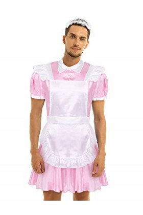 MSemis Déguisement Soubrette Homme Sissy Robe de Chambre Satin Kimono Sissy Lingerie Travesti Dentelle Tenue Servante M-XXL R