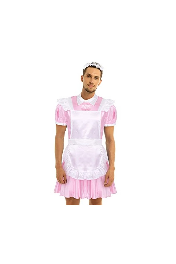 MSemis Déguisement Soubrette Homme Sissy Robe de Chambre Satin Kimono Sissy Lingerie Travesti Dentelle Tenue Servante M-XXL R