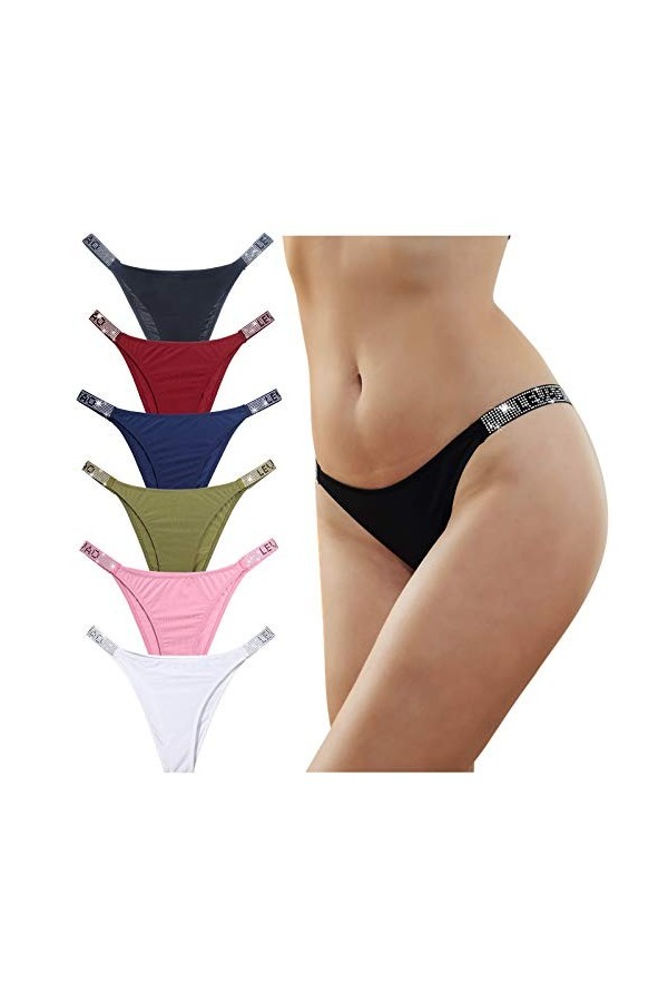 Levao Culotte String Femme, Strass Tangas Lingerie Sexy Taille Basse Strings sous-vêtement, 6-per Pack