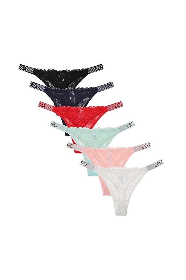 Levao Culotte String Femme, Strass Tangas Lingerie Sexy Taille Basse Strings sous-vêtement, 6-per Pack