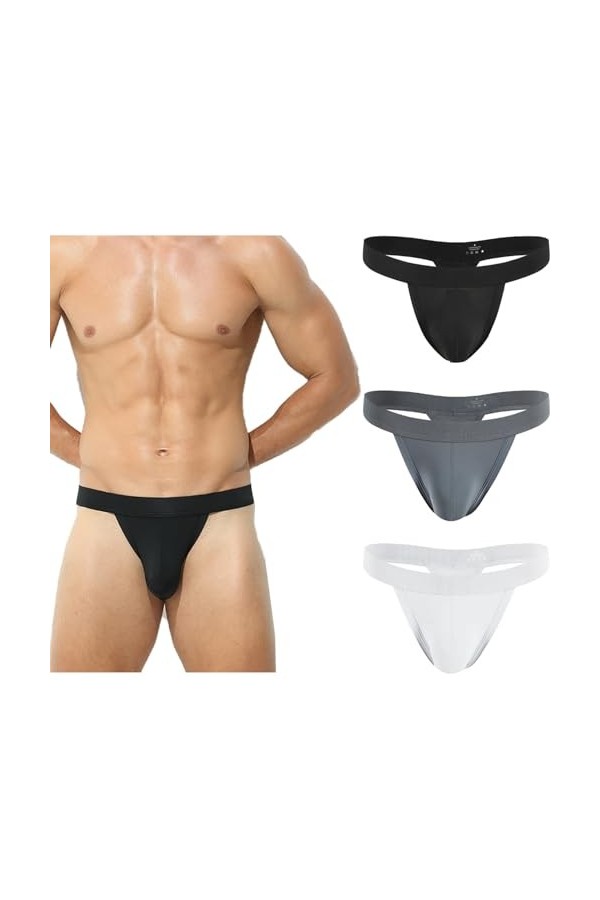 Faringoto Lot de 3 culottes sexy pour homme avec pochette pénis, Bla+gra+whi, Large