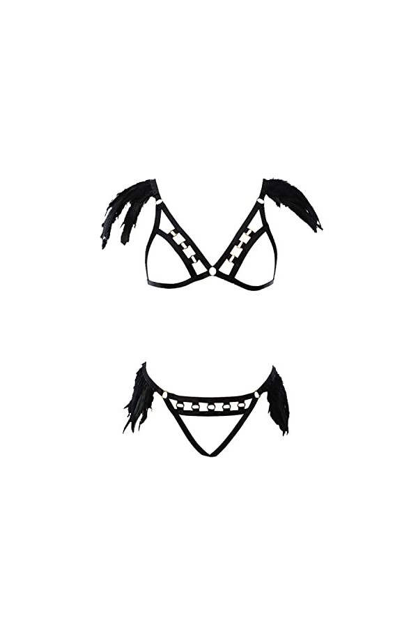 Tunbuy Lingerie sexy pour femme avec porte-jarretelles en plumes et bretelles croisées, b, taille unique