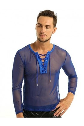 WSZJLN Hommes à Lacets Maille à Manches Longues T-Shirt Hommes Sexy Tenue de Club Costumes sous-vêtements résille Hauts-Bleu 