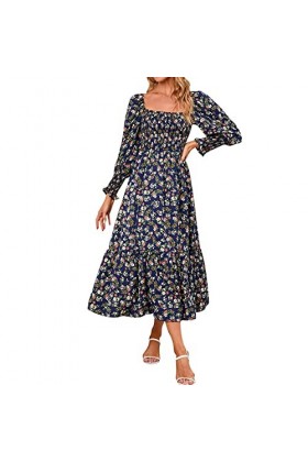 Femme Robe à Manches Longues Mode Décontractée Petite Fleur Jupe en Mousseline de Soie Robe Automne, Marine, M