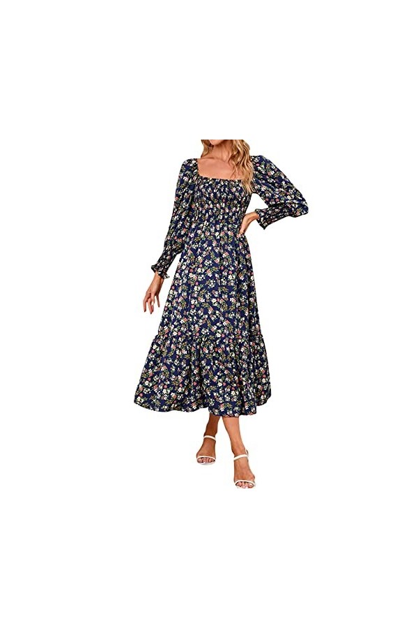 Femme Robe à Manches Longues Mode Décontractée Petite Fleur Jupe en Mousseline de Soie Robe Automne, Marine, M