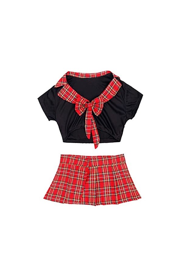 Womens School Girls Uniforme Sexy Cosplay Costumes pour Dames Wetlook Top avec Plaid Mini Jupe-Noir Rouge,M